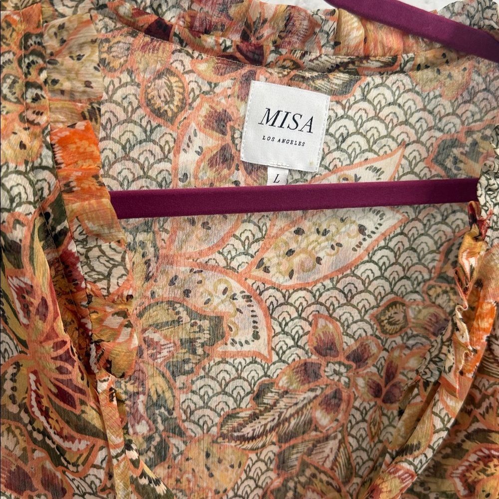 Floral Patterned Dress with Ruffle Hem MISA Los Angeles Long Sleeve Dress Large - Picture 3 of 4